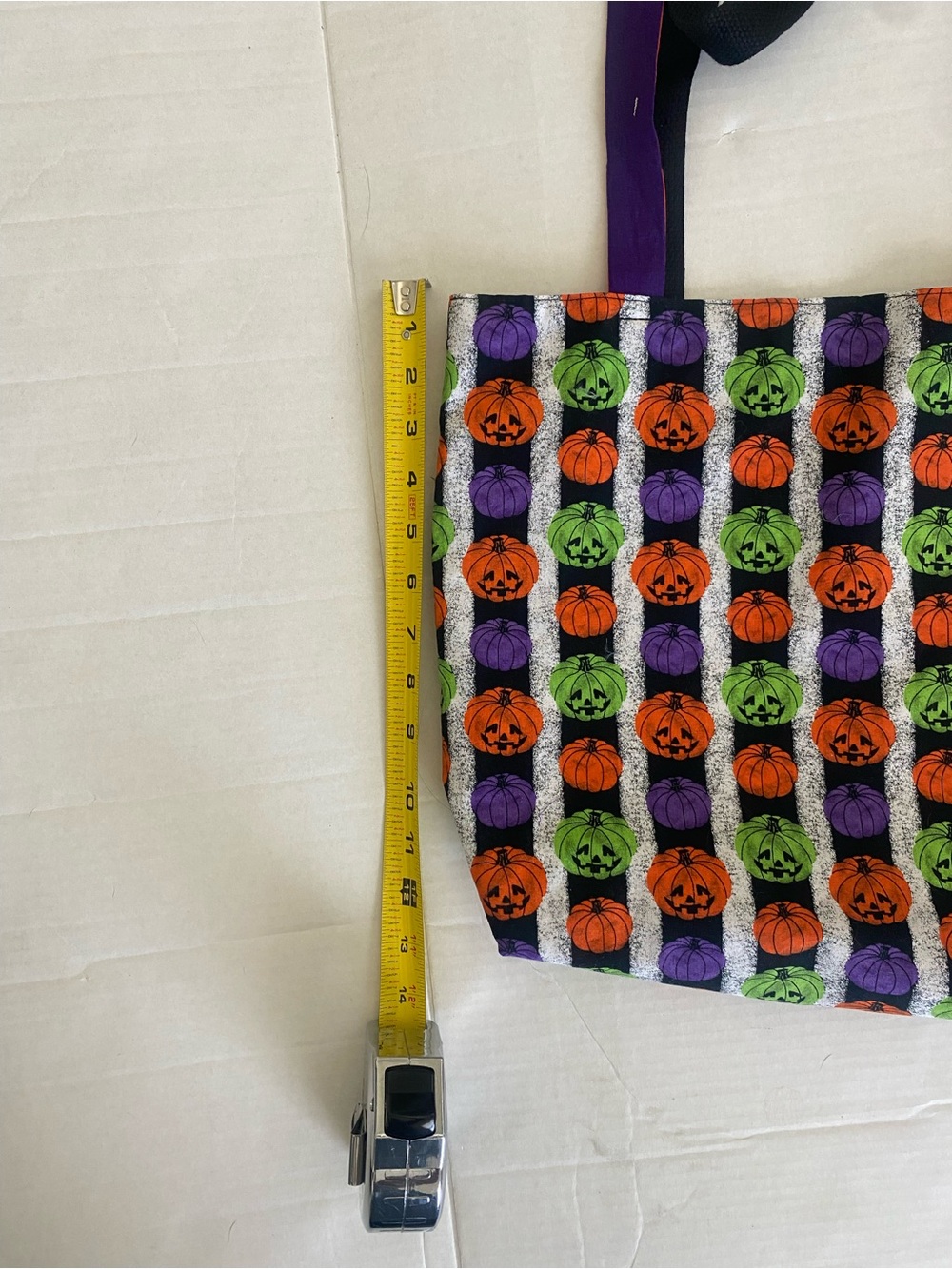 Handmade Upcycled Halloween Pumpkin Print Tote Bag in Orange, Purple & Green - Picture 4 of 6